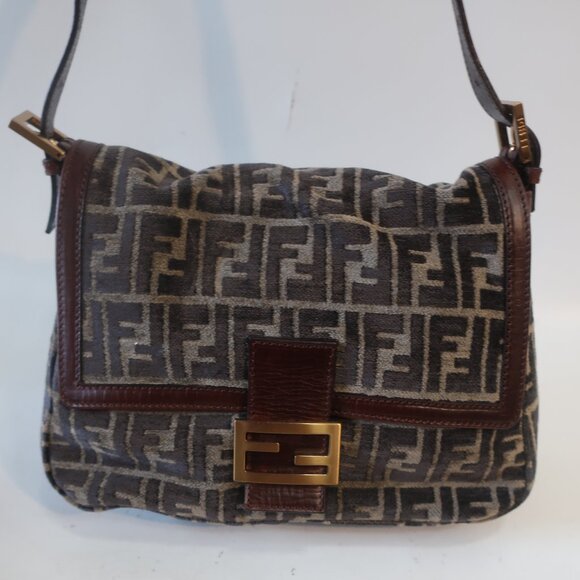 Womens Fendi Zucca Mini Mama Baguette Velour Velvet Leather Shoulder Handbag - Picture 2 of 16